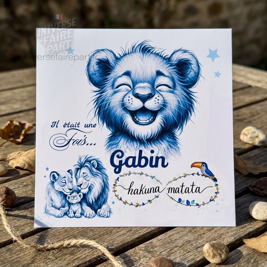 N°534- Faire-part original Roi Lion crayonné en bleu  pour naissance ou Baptême