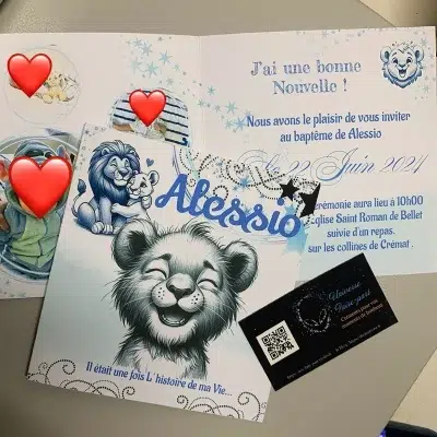N°534- Faire-part original Roi Lion crayonné en bleu pour naissance ou Baptême