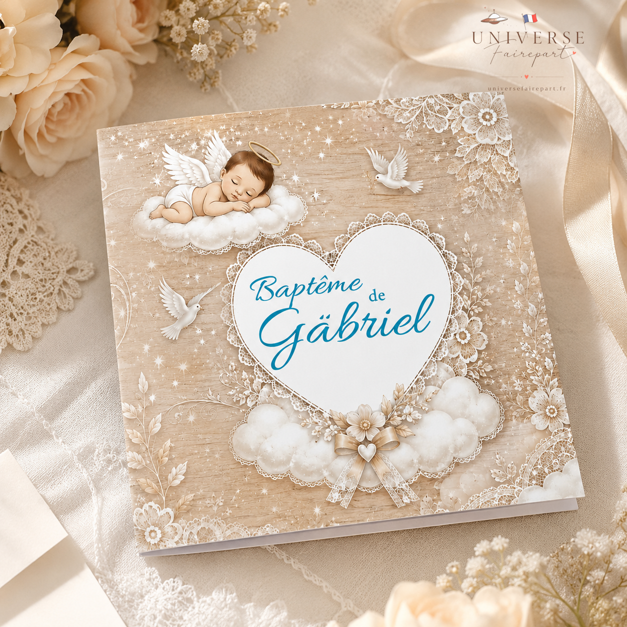 N° 58 Faire-part naissance Ange et Plume Bois et Dentelle