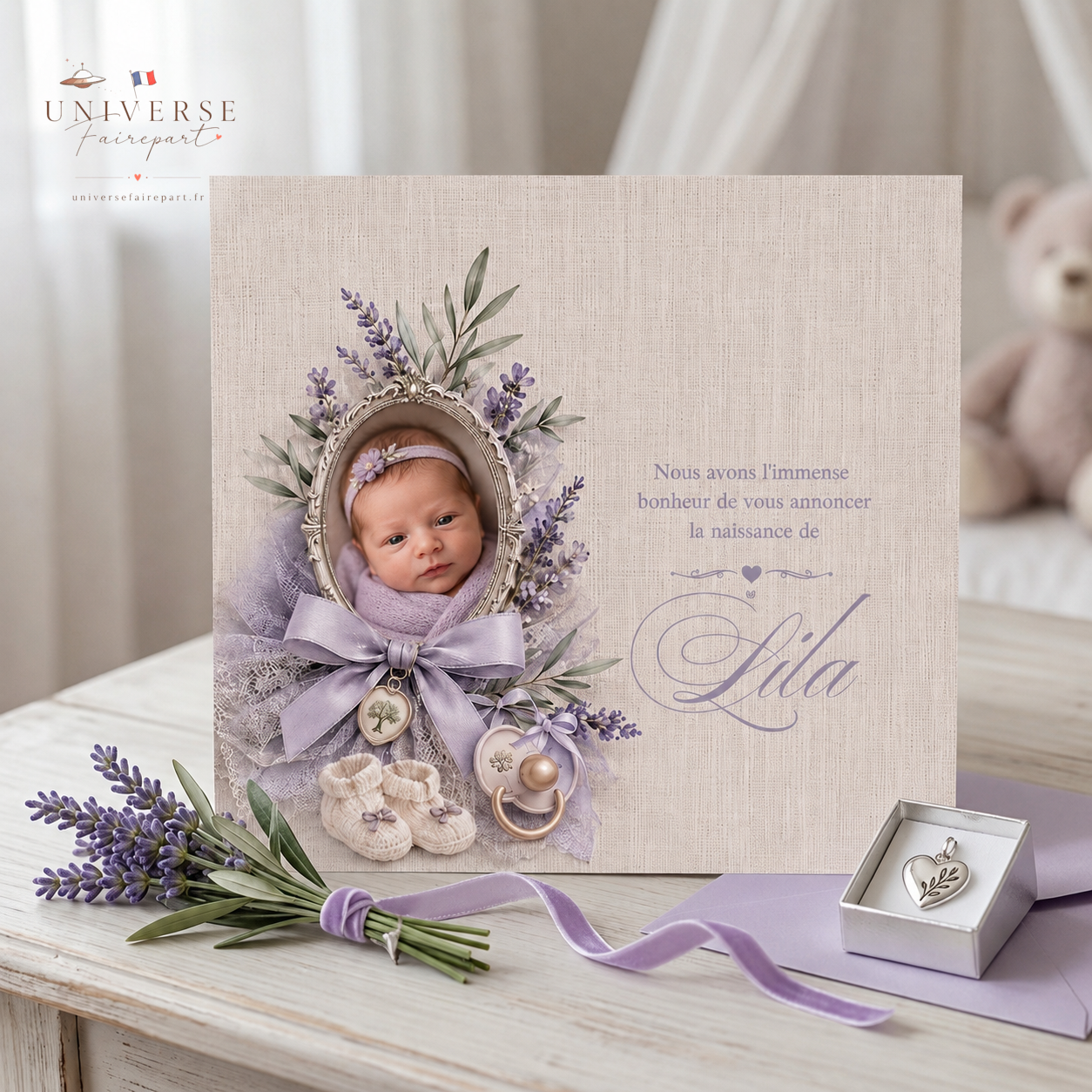 N°194 Faire-part naissance Lila lavande et lin