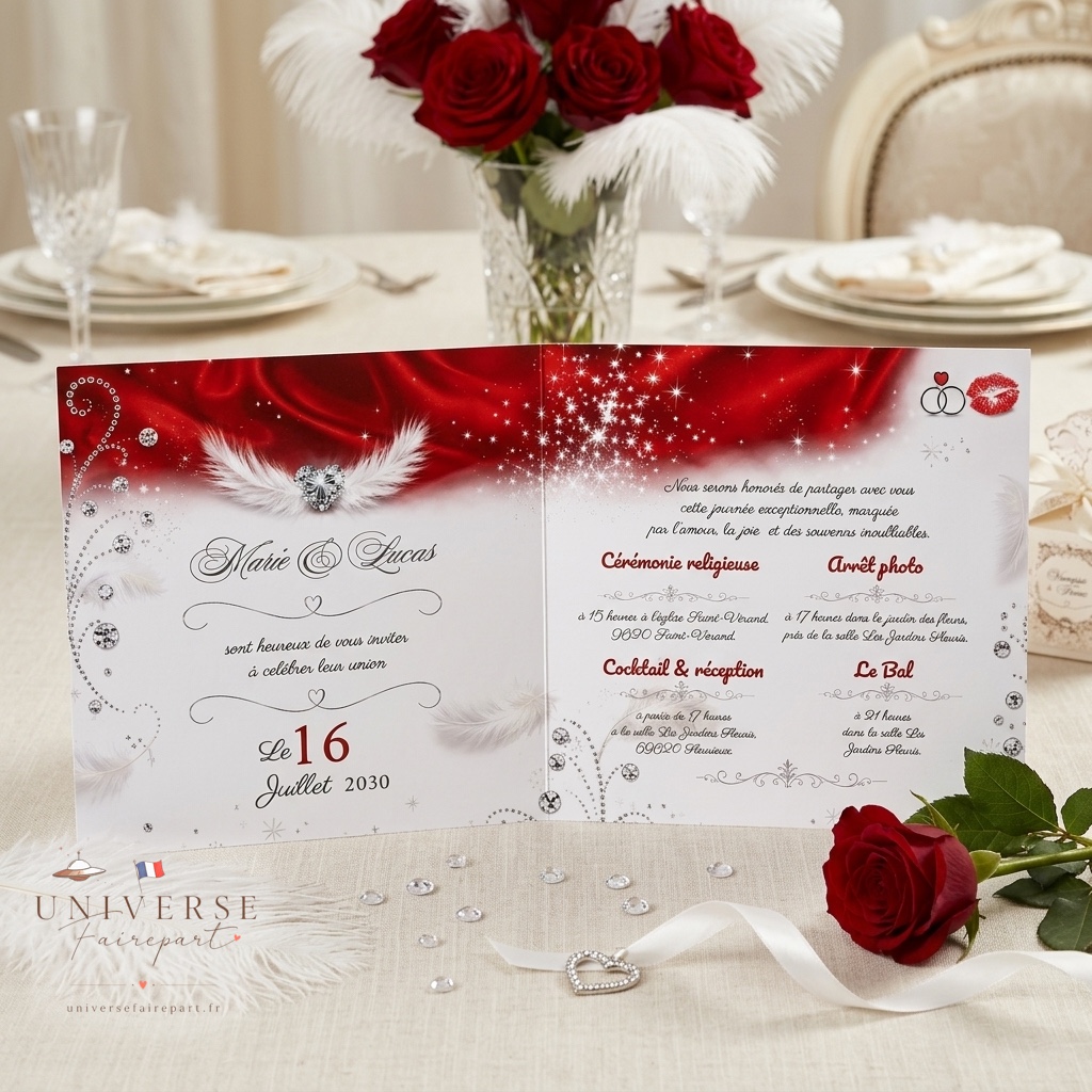 N°230 Faire-part mariage glamour rouge & plume