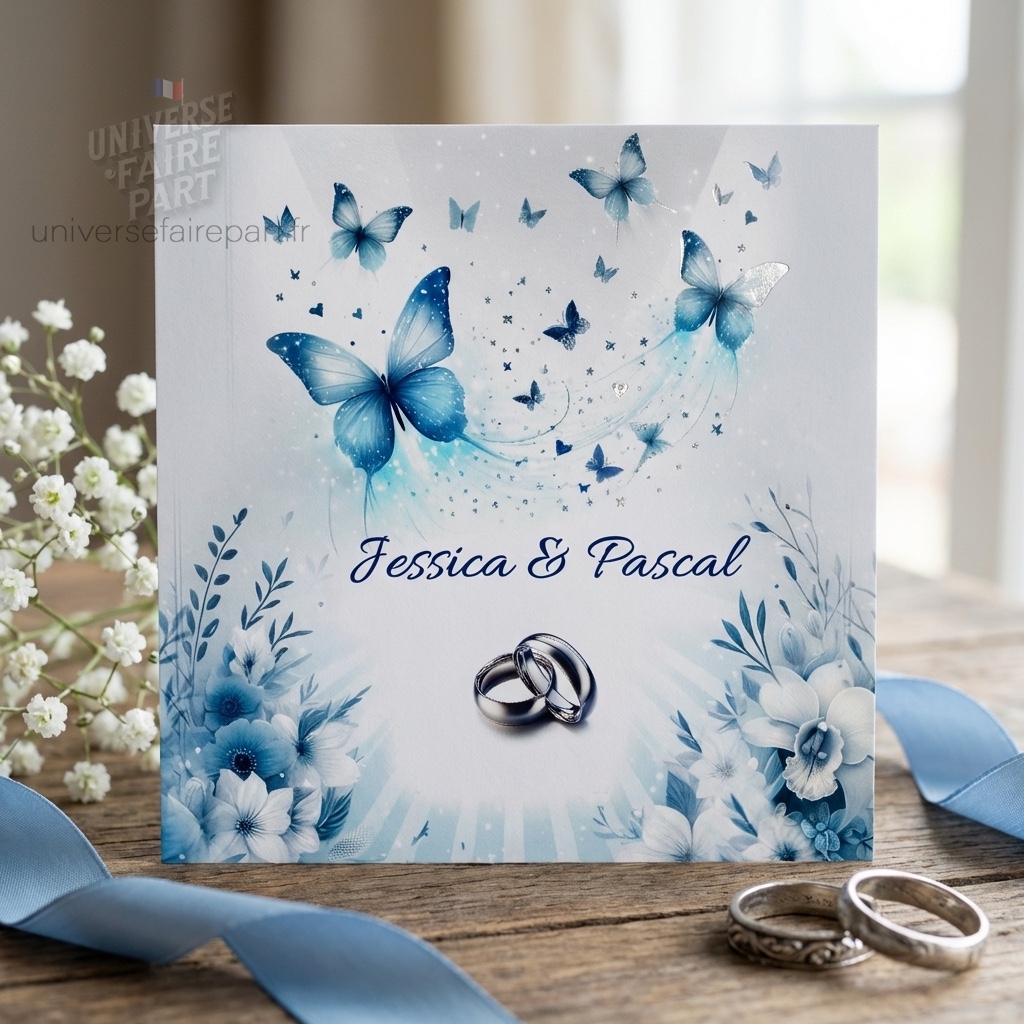 N°162-Faire-part Céleste Bleu Papillons et Orchidées mariage