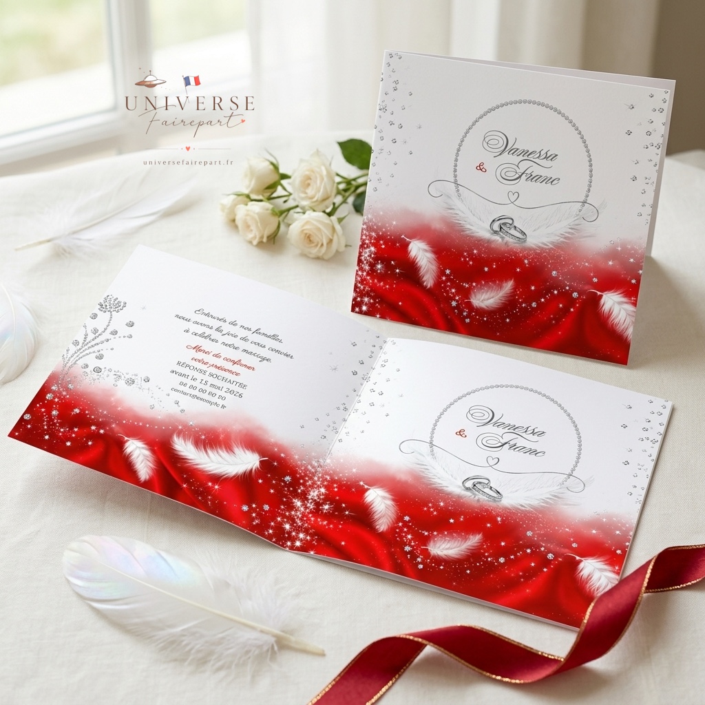 N°230 Faire-part mariage glamour rouge & plume