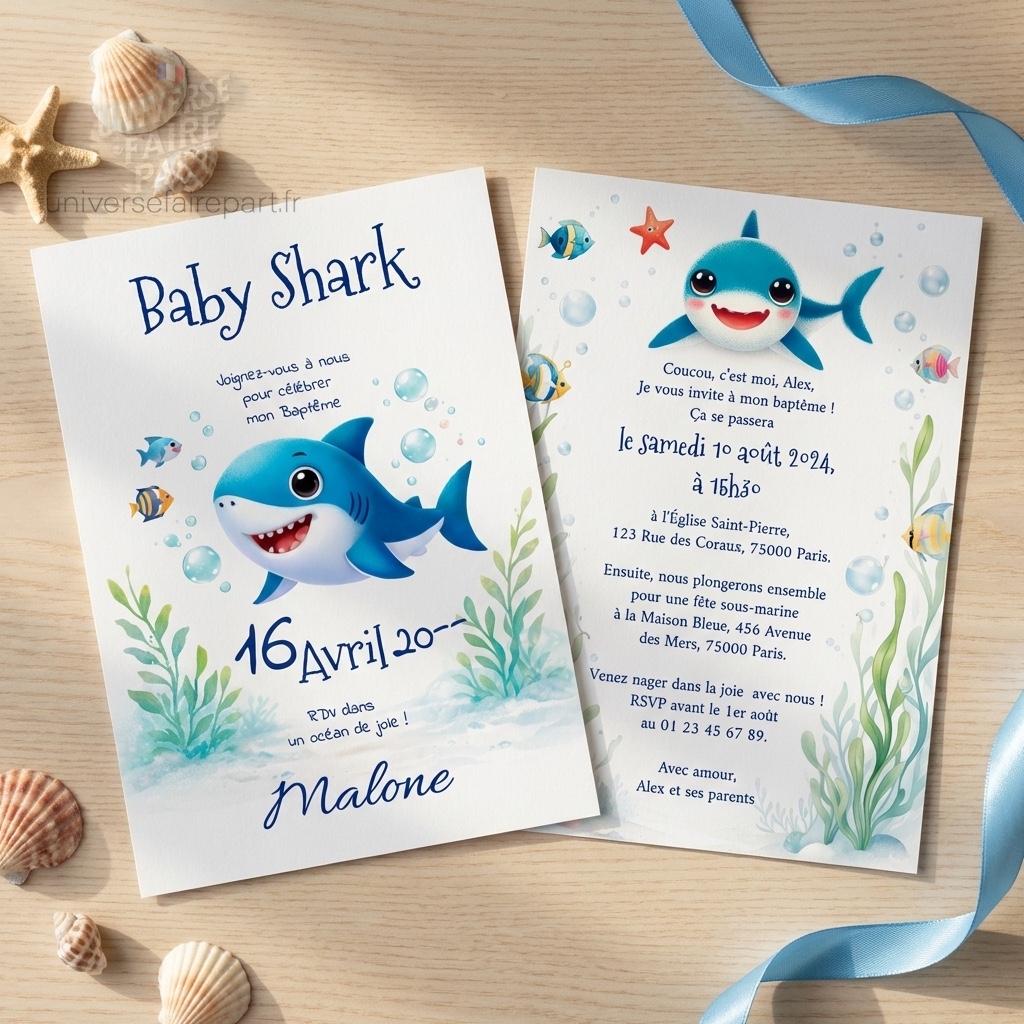 N°33- Faire-part Plongez dans la fête avec Baby Shark pour mon Baptême !