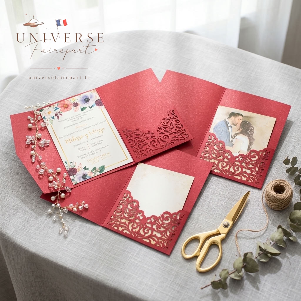 Pochette d'invitations de mariage à trois volets découpées au Laser rouge bordeaux.