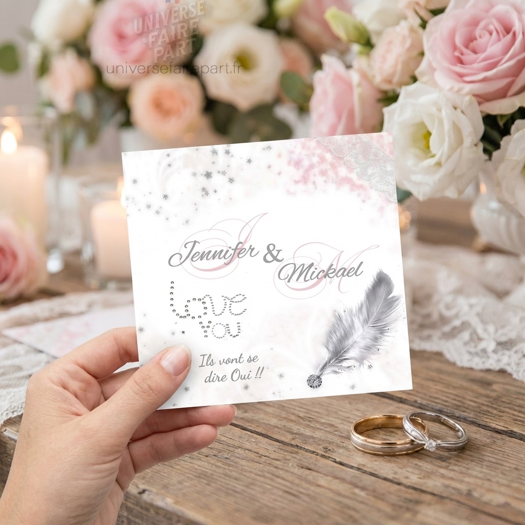 N°37- Faire-part Céleste : Pastel, Ange Argenté et Plumes Délicates