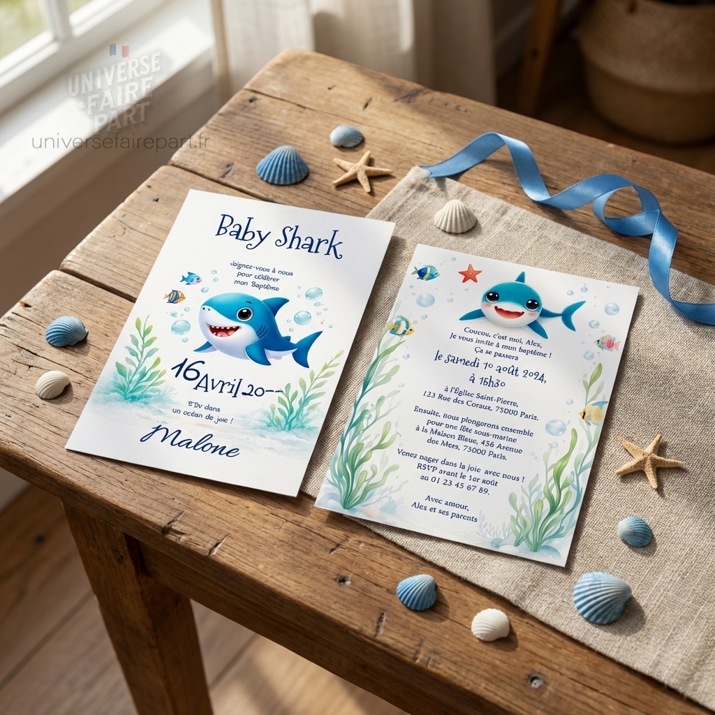 N°33- Faire-part Plongez dans la fête avec Baby Shark pour mon Baptême !