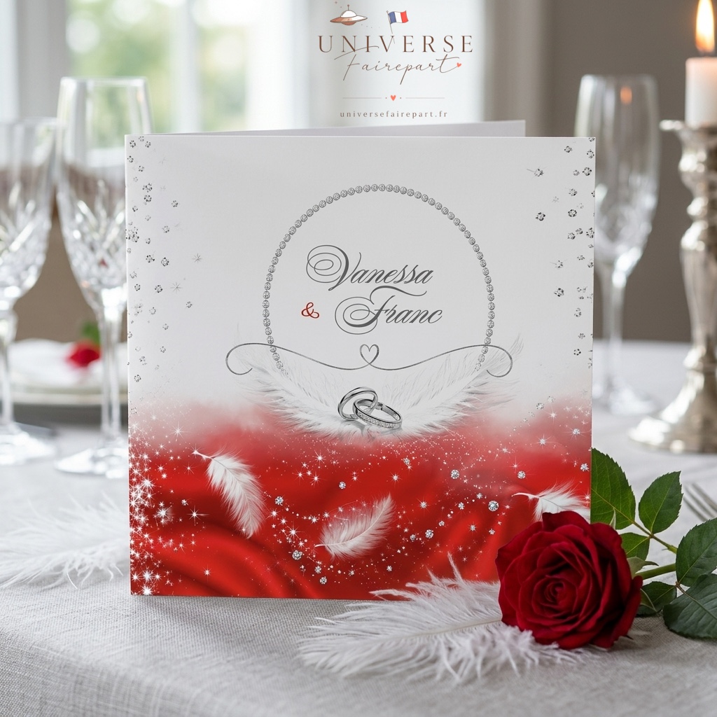 N°230 Faire-part mariage glamour rouge & plume