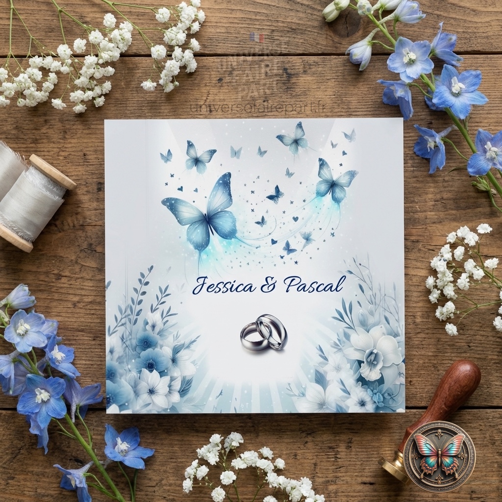 N°162-Faire-part Céleste Bleu Papillons et Orchidées mariage