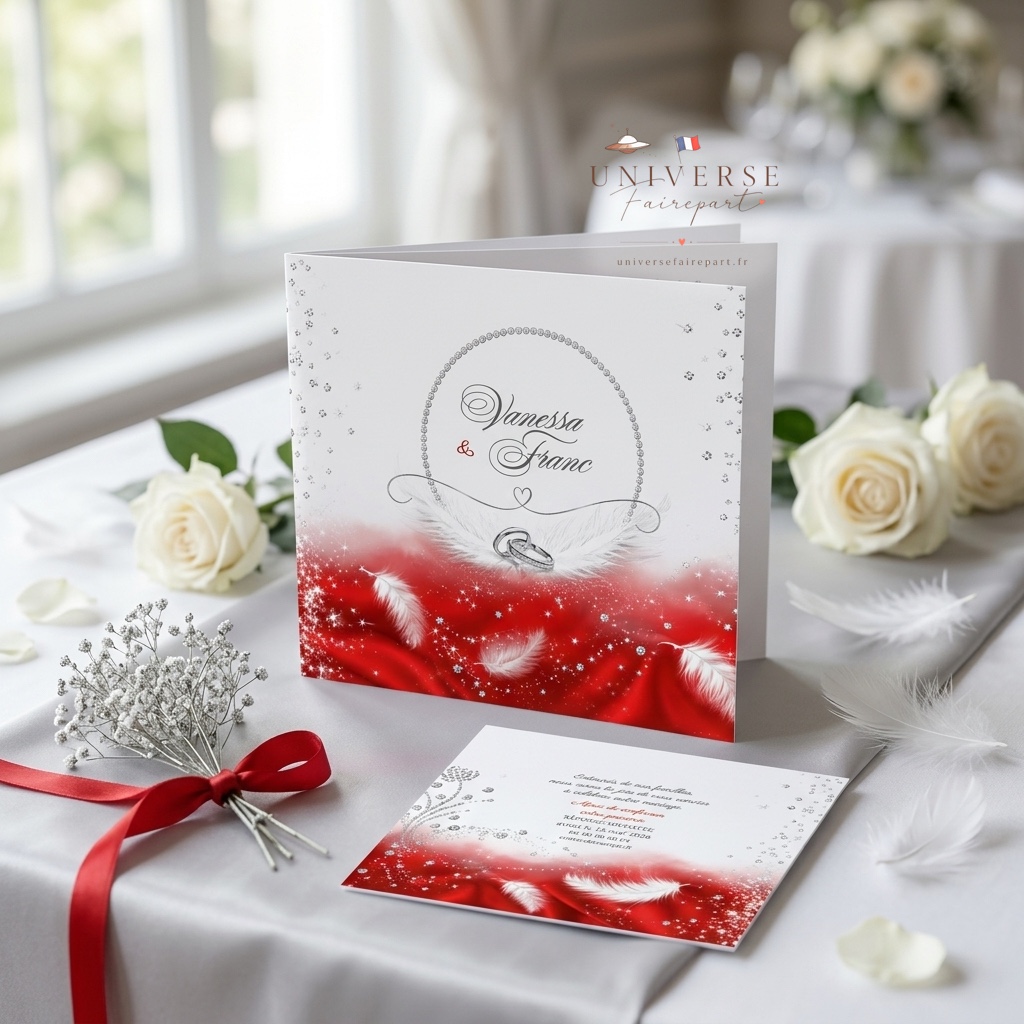 N°230 Faire-part mariage glamour rouge & plume