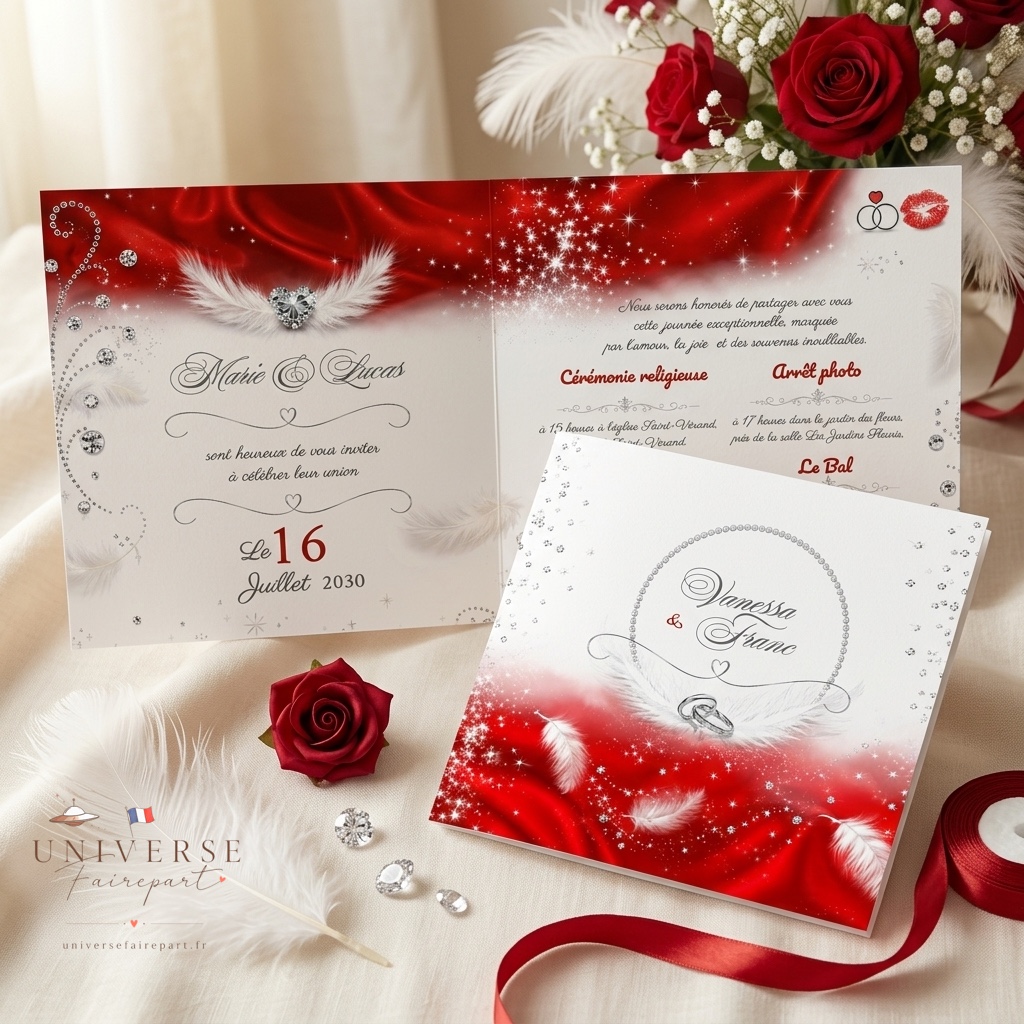 N°230 Faire-part mariage glamour rouge & plume