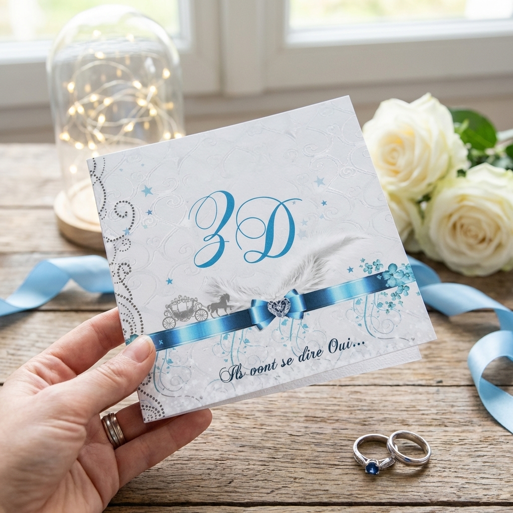 N°157-Faire-part  Ange Plume Bleu Argenté, Un Souffle d&rsquo;Émerveillement