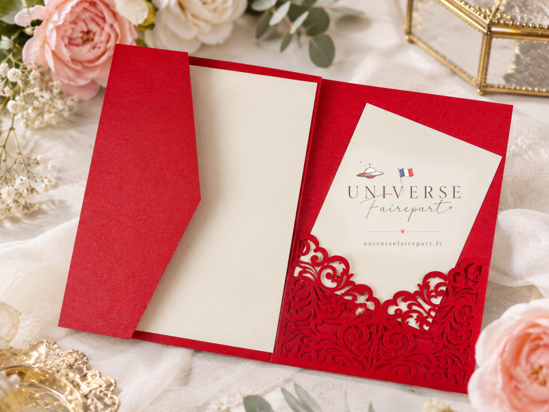 Pochette d&rsquo;invitations de mariage à trois volets découpées au Laser rouge bordeaux.