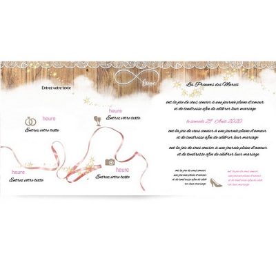 N° 201 -Faire-part   Enchanté : Douceur champêtre, bois blanc, rose et ruban dentelle fleuris – Image 3