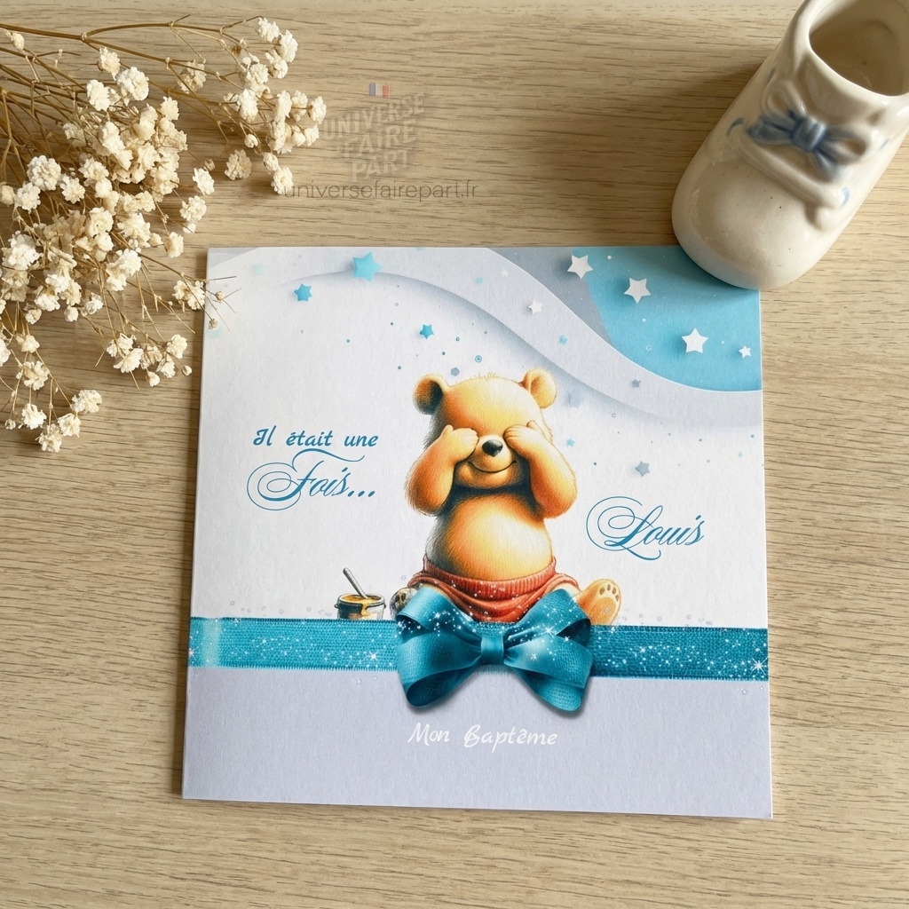 N°539 – Faire-part  Winnie L&rsquo;ours malin en Bleu