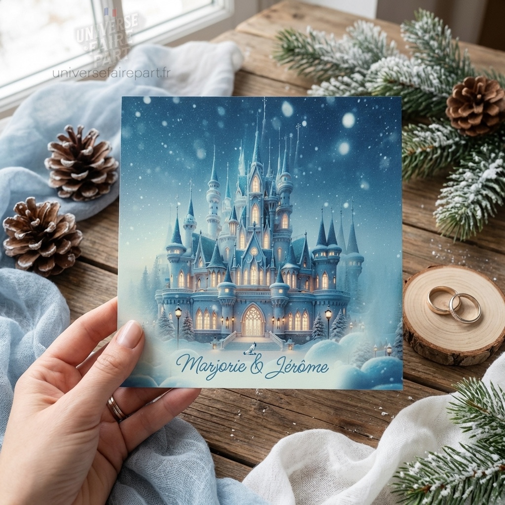 N°91 – Faire-part mariage Château Cendrillon enneigé Un Hiver Enchanté