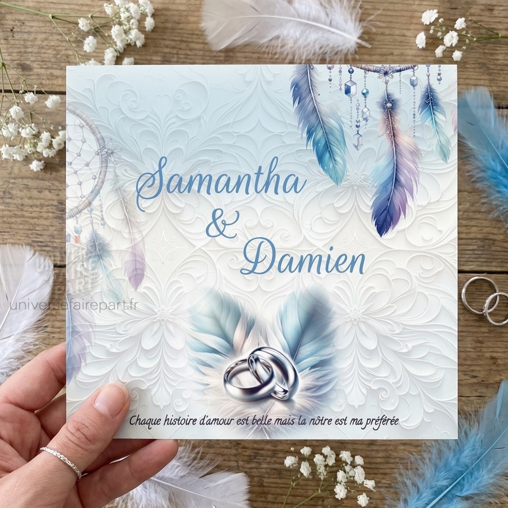 N°189 – Faire-part ange plume Attrape rêve , plumes argenté gris et turquoise