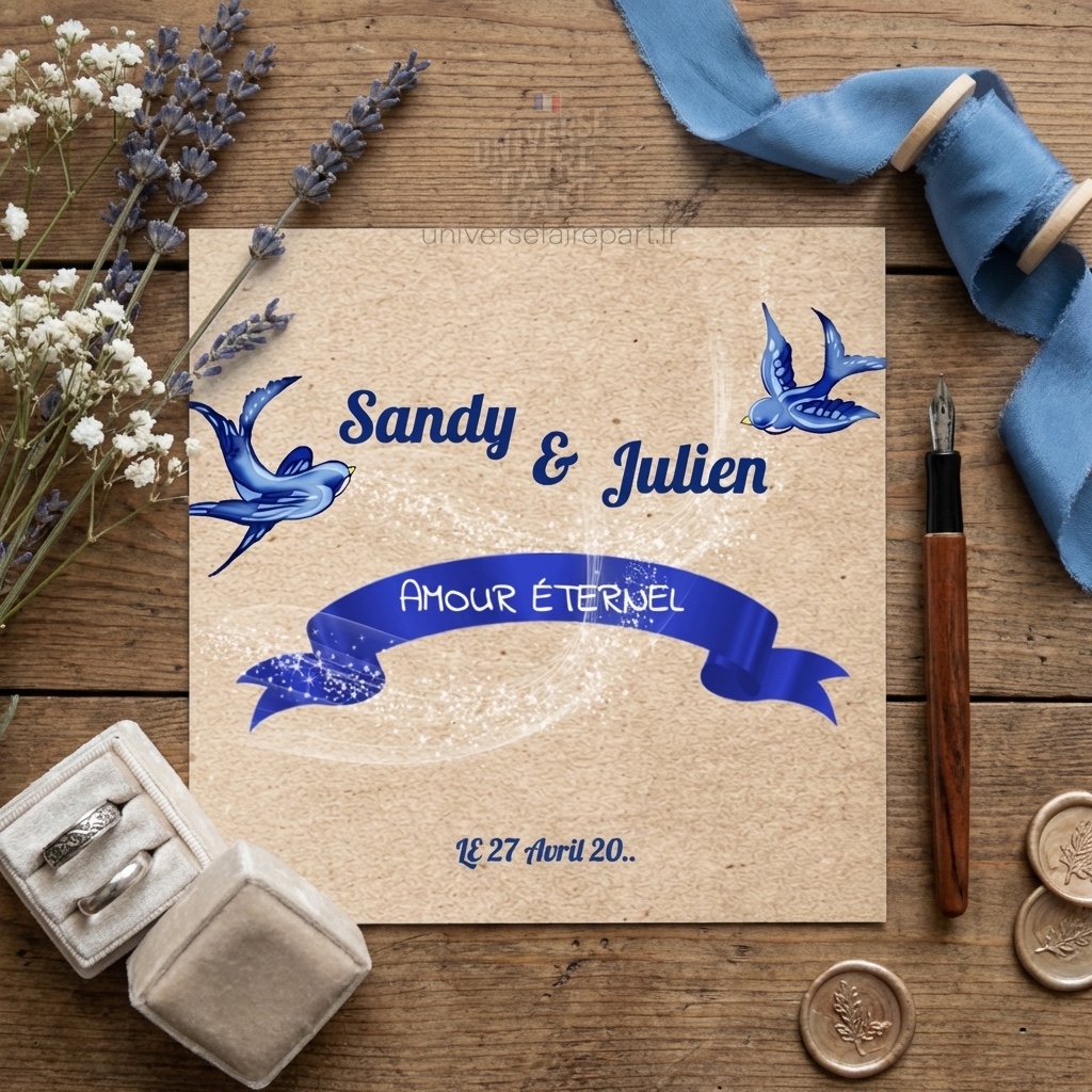 N°270 – Faire-part  mariage Rockabilly oiseaux bleu roi