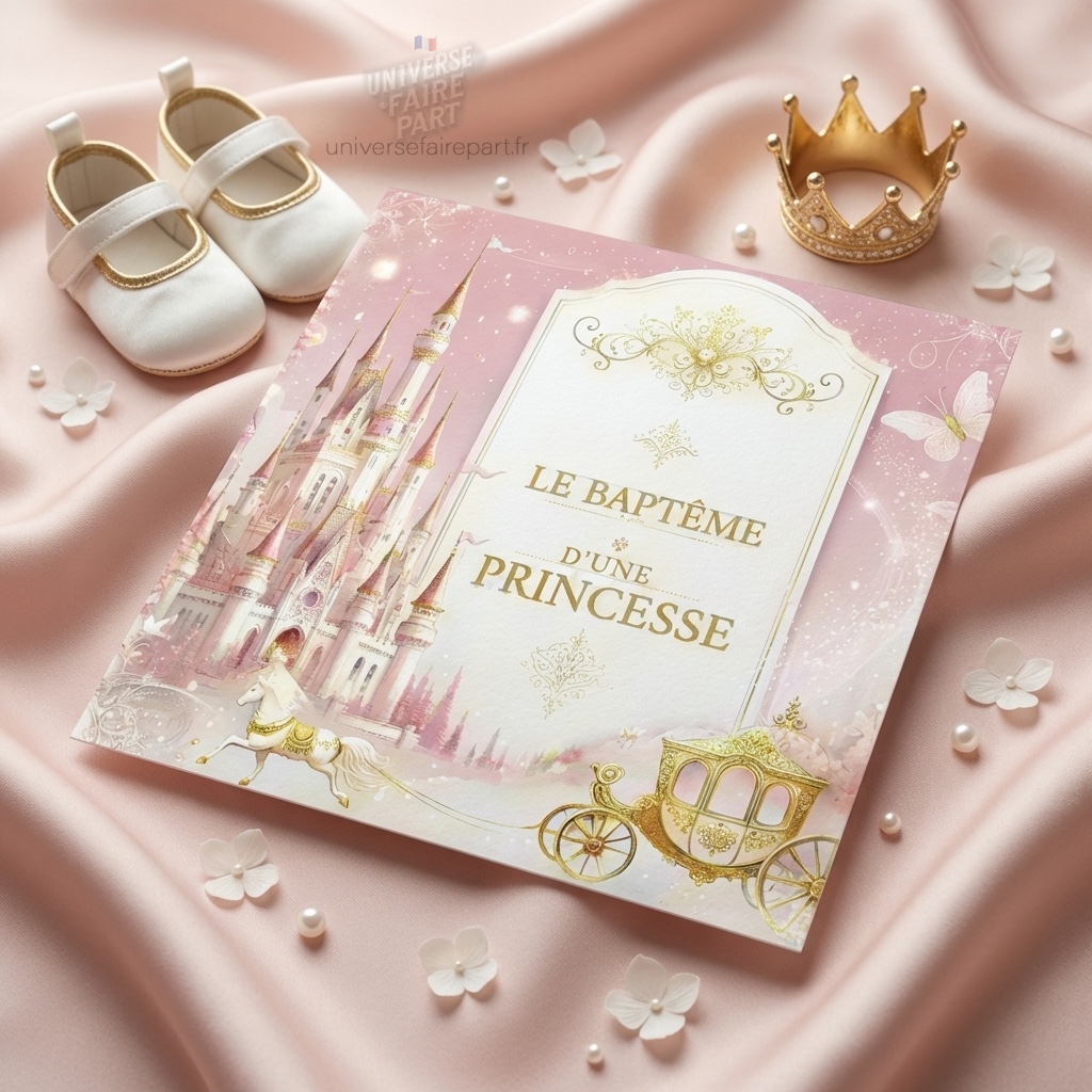 N°367 – Faire-part Princesse château rose et doré