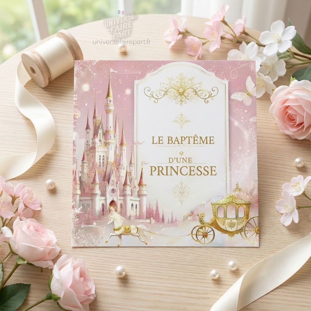 N°367 – Faire-part Princesse château rose et doré