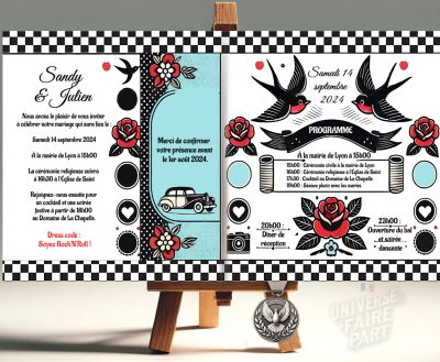 N°269 - Faire-part Rockabilly rétro bleu rouge oiseaux colombes Mariage
