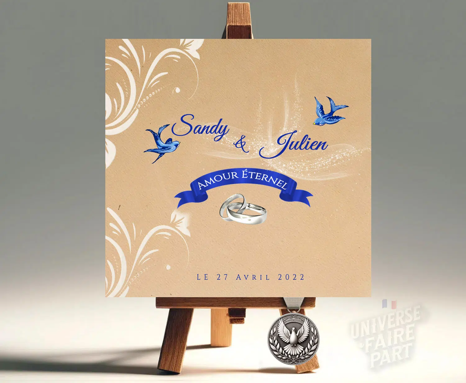 N°270 - Faire-part Rockabilly oiseaux bleu roi kraft