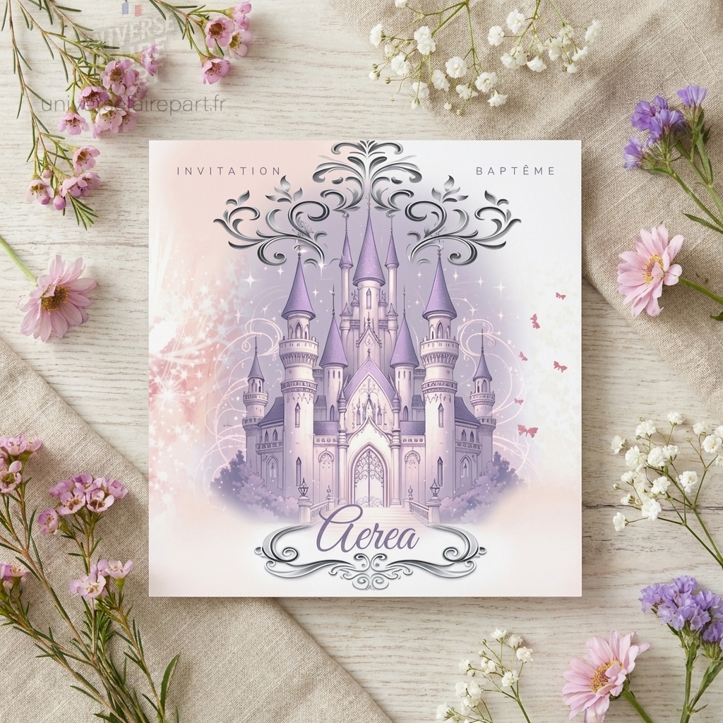 N°29 – Faire-part Château Minnie princesse Parme pastel