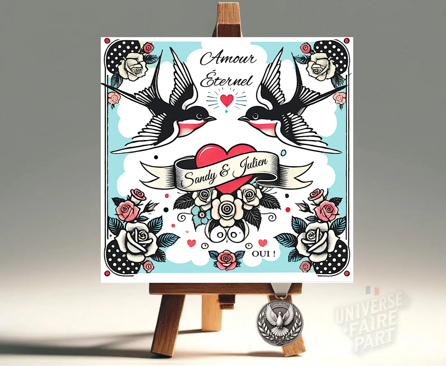 N°269 - Faire-part Rockabilly rétro bleu rouge oiseaux colombes Mariage