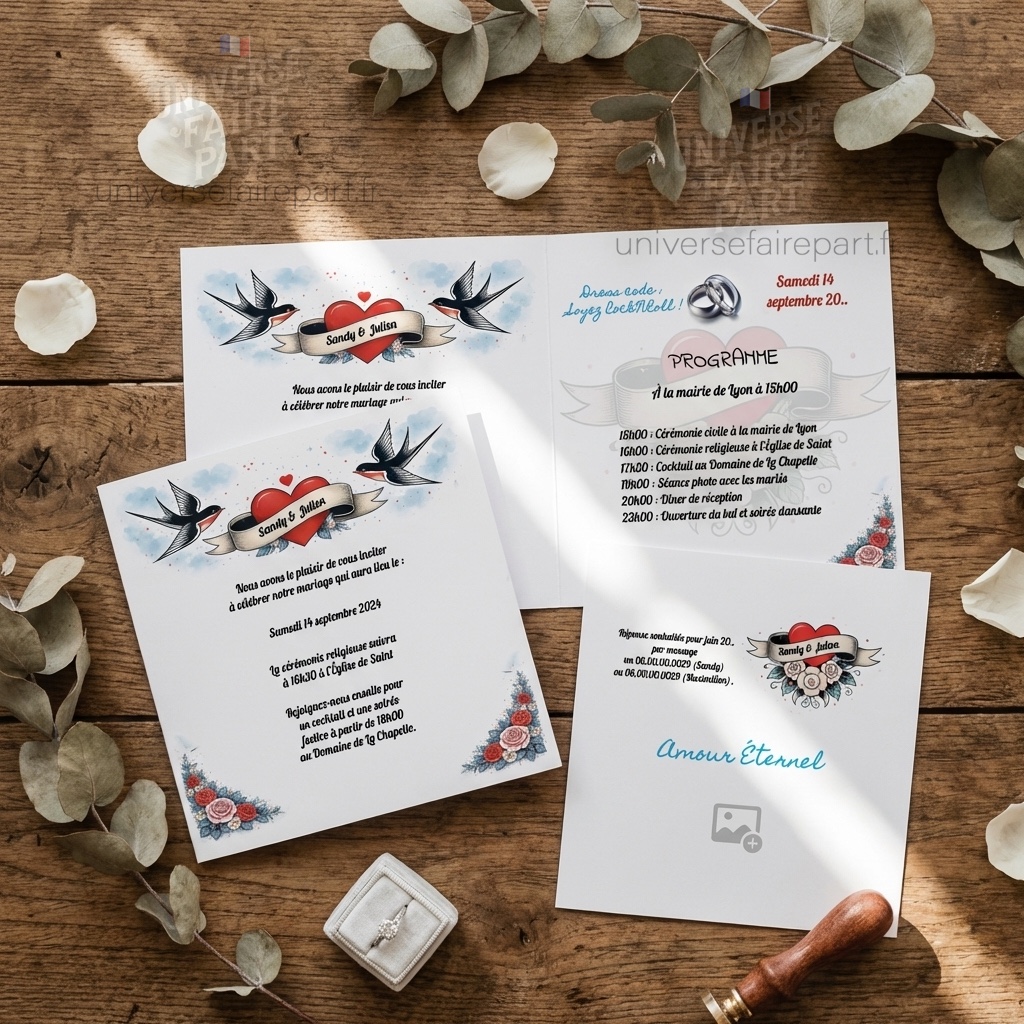 N°269 – Faire-part Mariage Rockabilly rétro colombes