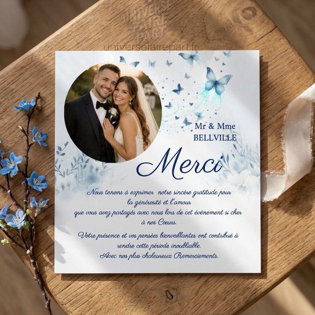 N°162.3 – Carte Remerciement  Bleu Ciel Papillons et Orchidées