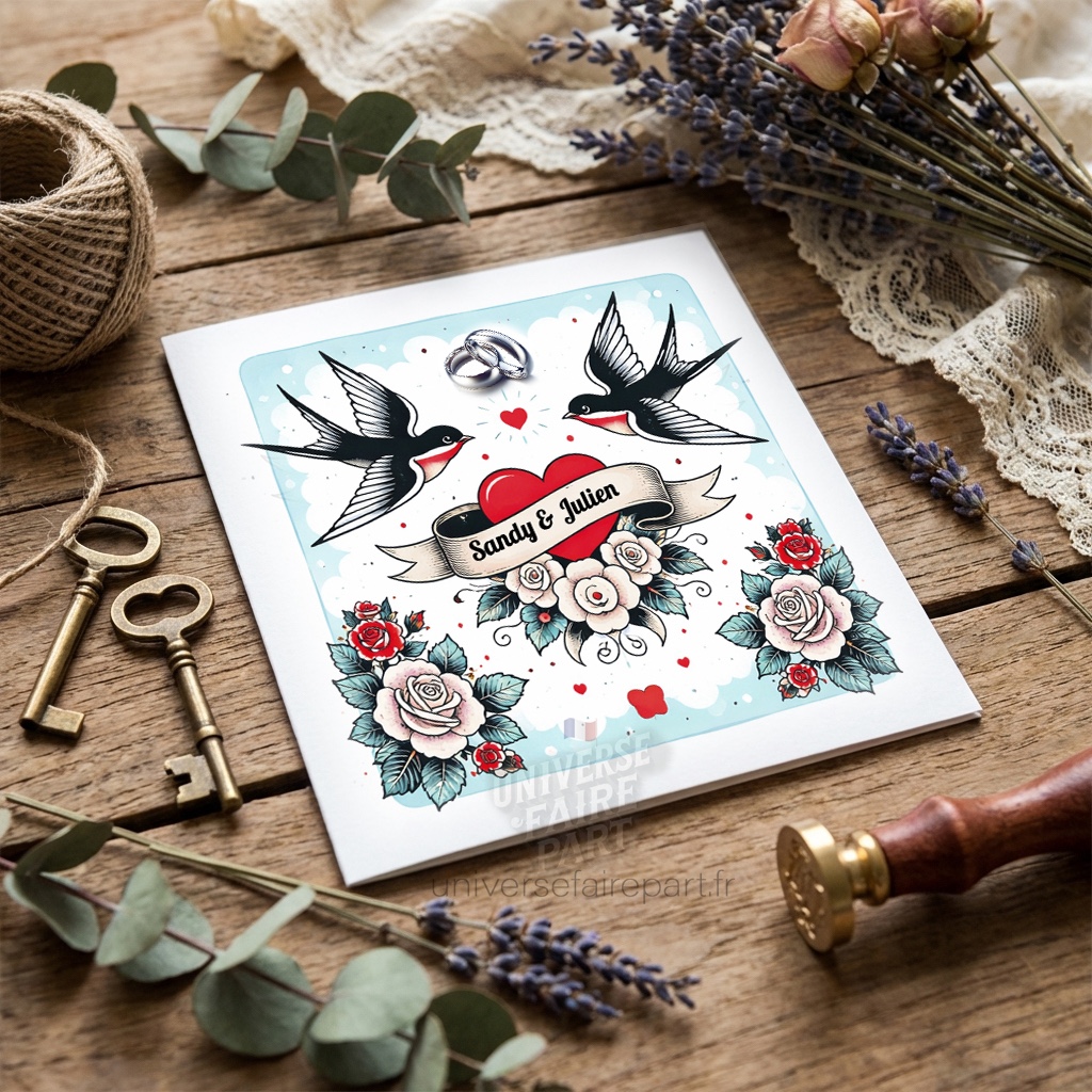 N°269 – Faire-part Mariage Rockabilly rétro colombes
