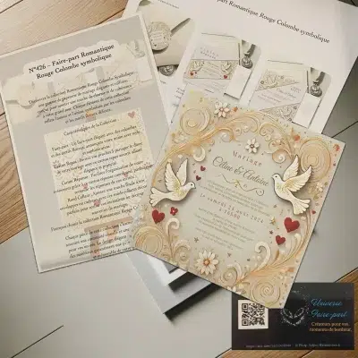N°426 - Faire-part Romantique Rouge Colombe symbolique