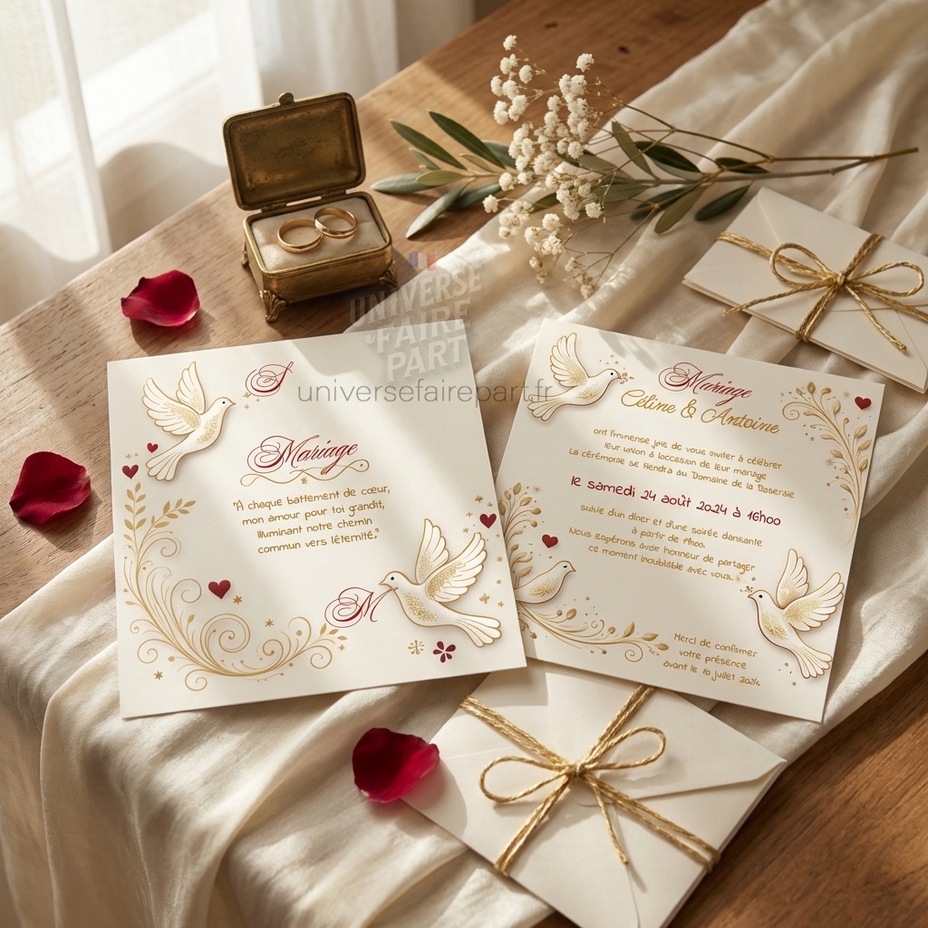 N°426 - Faire-part Romantique Rouge Colombe symbolique