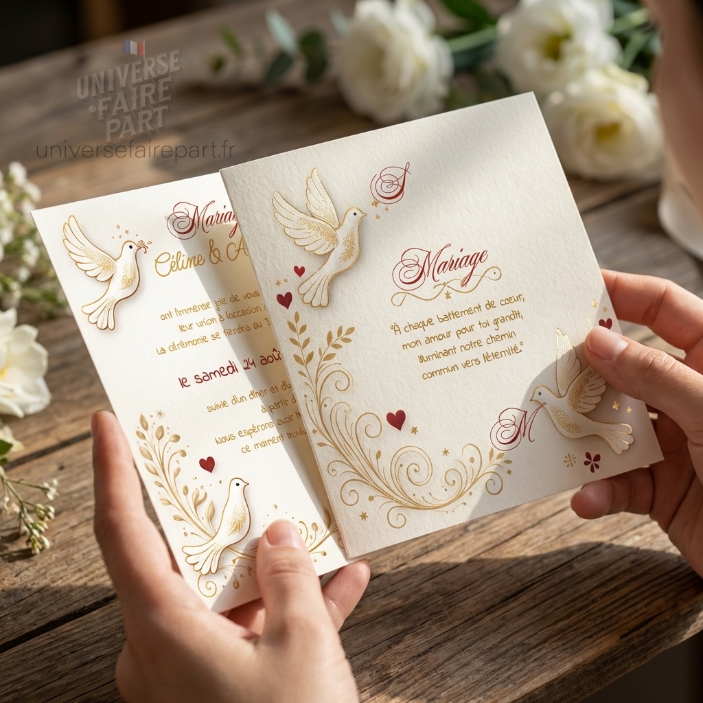 N°426 – Faire-part  Romantique Rouge Colombe symbolique