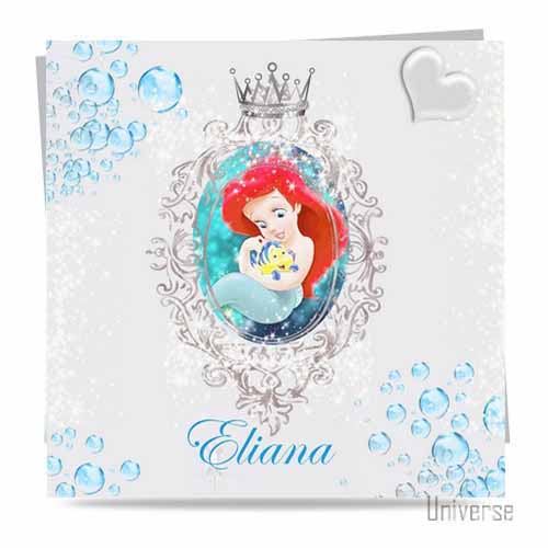 Original Faire Part Naissance Communion Bapteme Ou Anniversaire Pastel Princesse Ariel La Petite Sirene Crayon Argente Bleu Bulles Et Eau