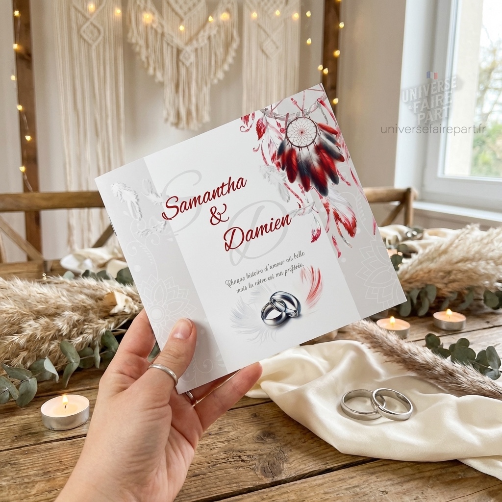 N°190 – Faire-part Mariage  ange plume Attrape rêve