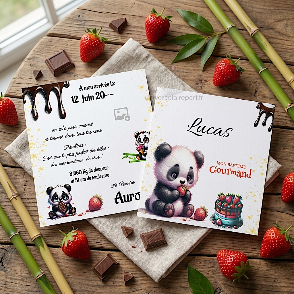 N°314- Faire-part Petit Panda gourmand anniversaire ou Baptême