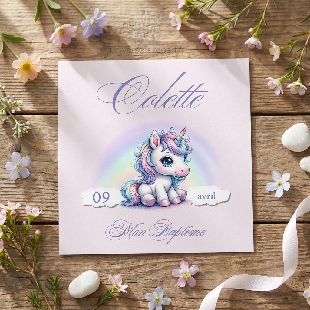 N°296- Faire-part Licorne baby arc en ciel