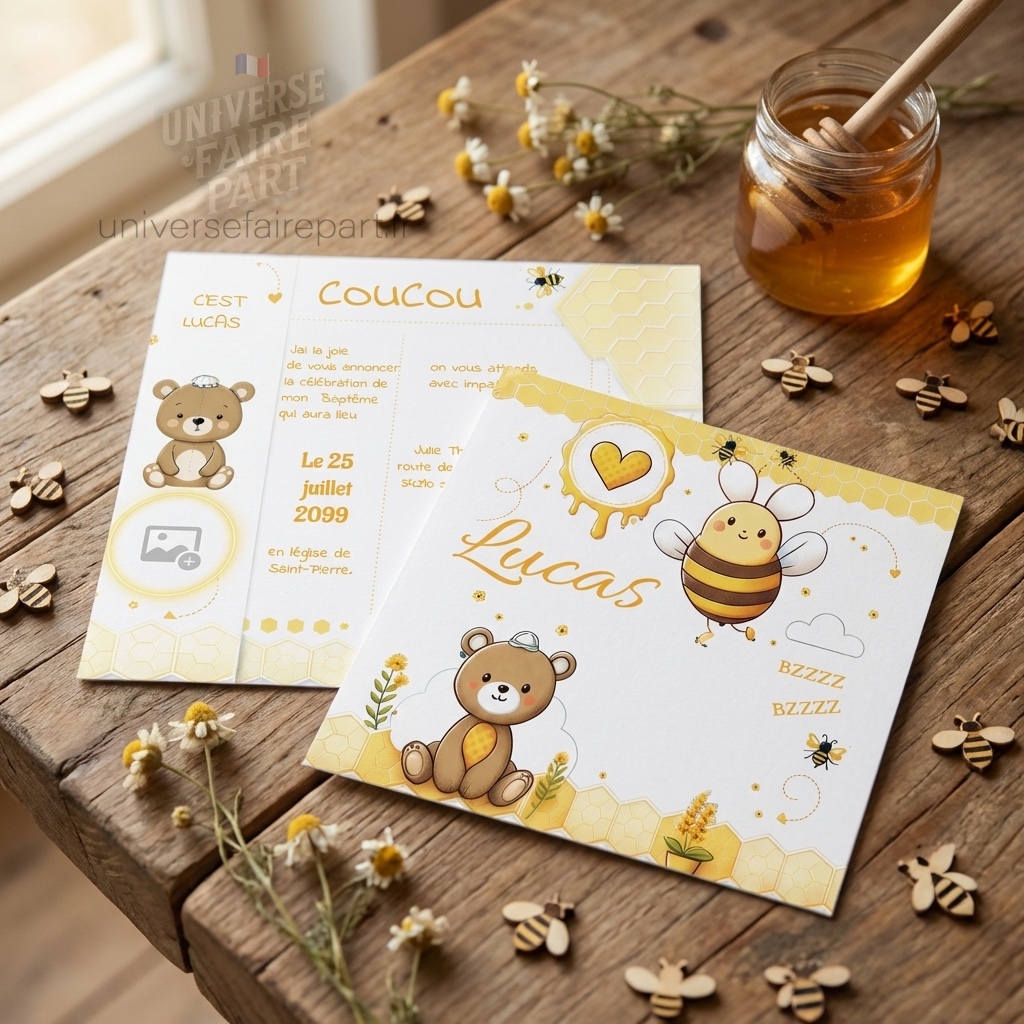 N°323 - Faire-part Pot de miel d'amour ! Ourson & Abeille