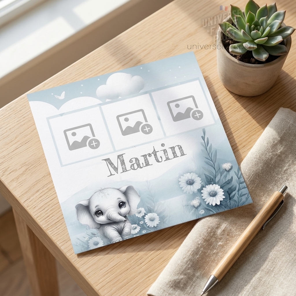 N°329 – Faire-part  Naissance Petit éléphant Dumbo bleu et blanc