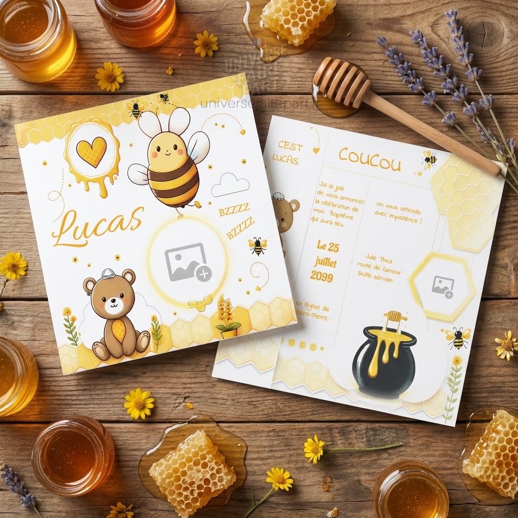 N°323 – Faire-part Pot de miel d&rsquo;amour ! Ourson & Abeille