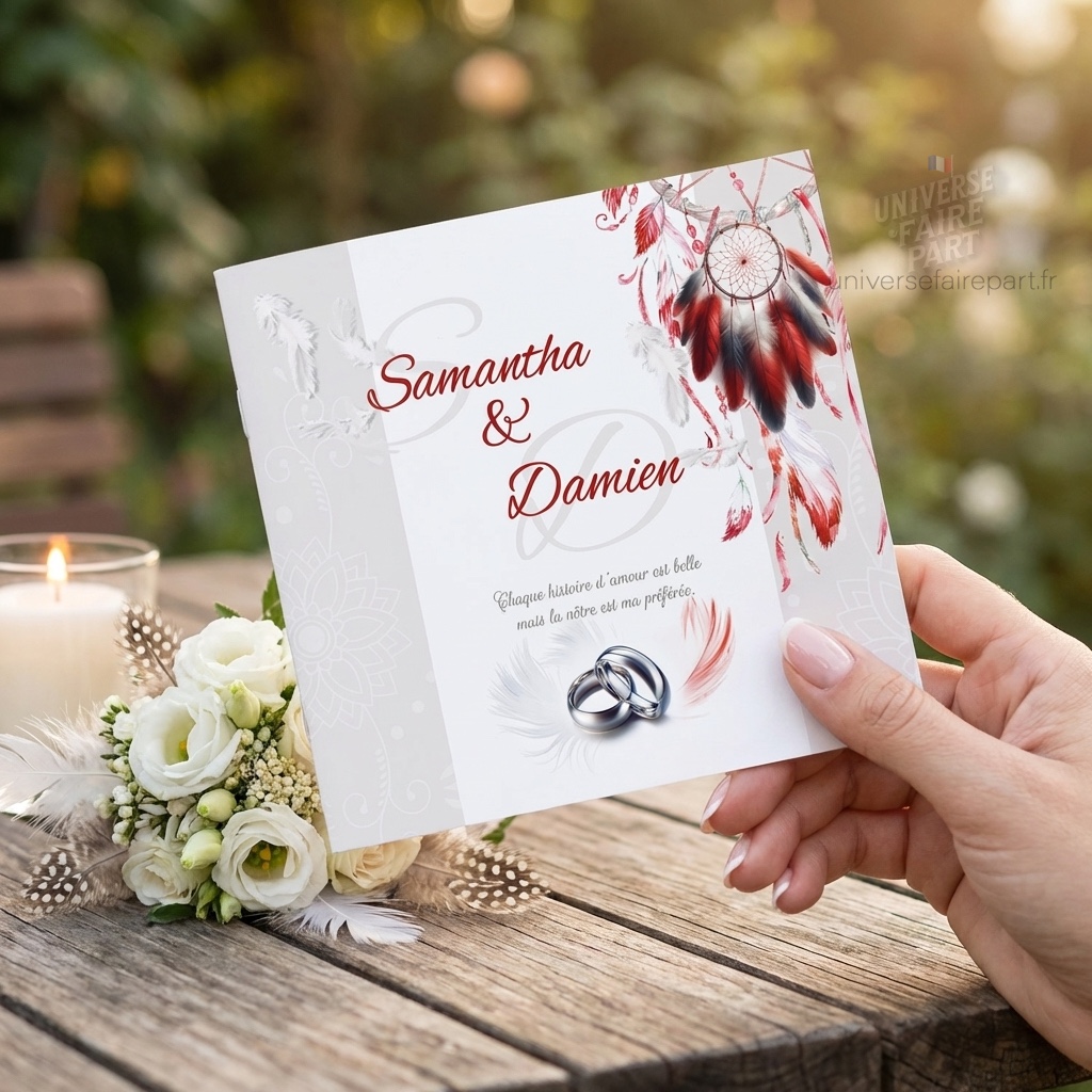 N°190 – Faire-part Mariage  ange plume Attrape rêve