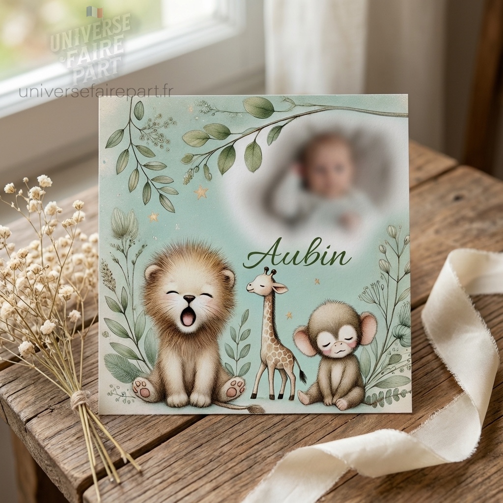 N°196 – Faire-part tendresse animaux de la jungle Aubin