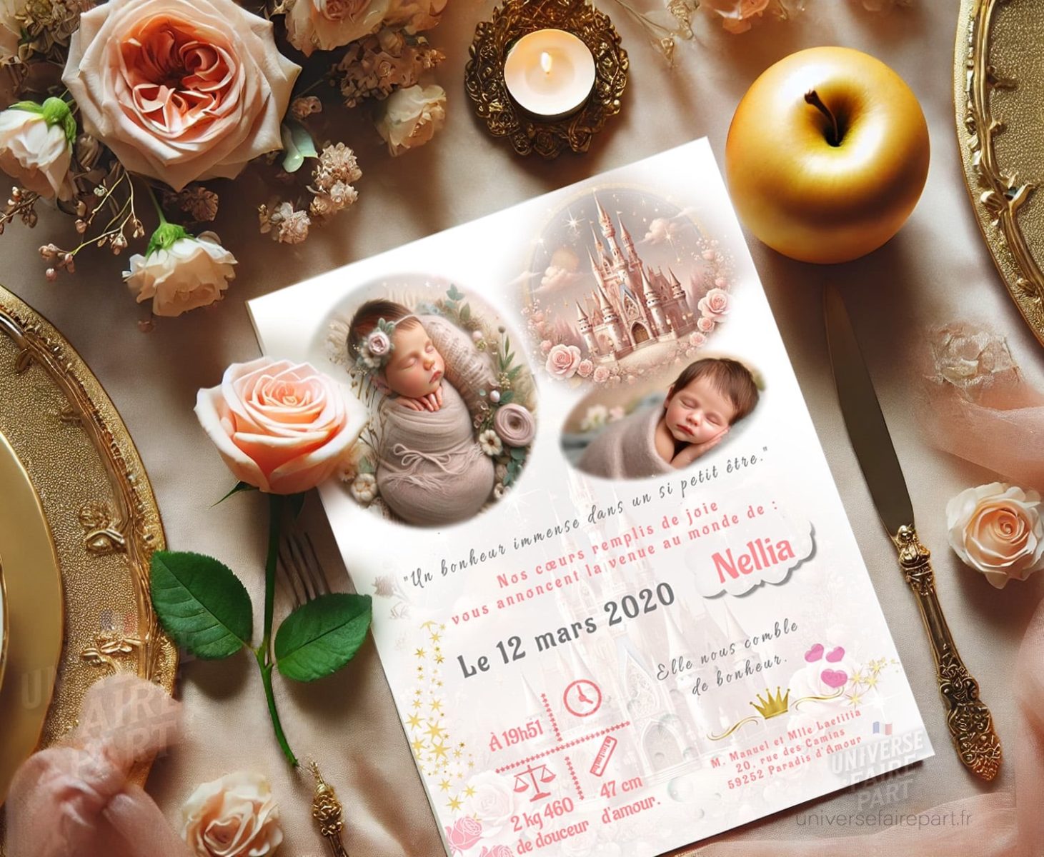 N°292 – Faire-part  château rose naissance ou Baptême