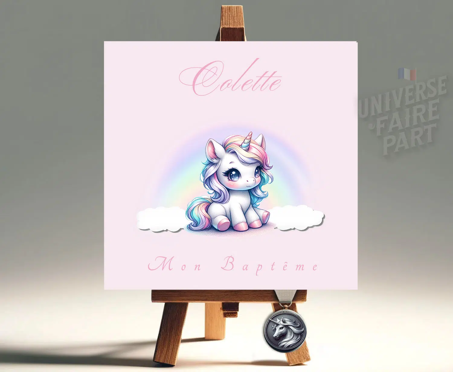 N°296- Faire-part Licorne pégase baby arc en ciel