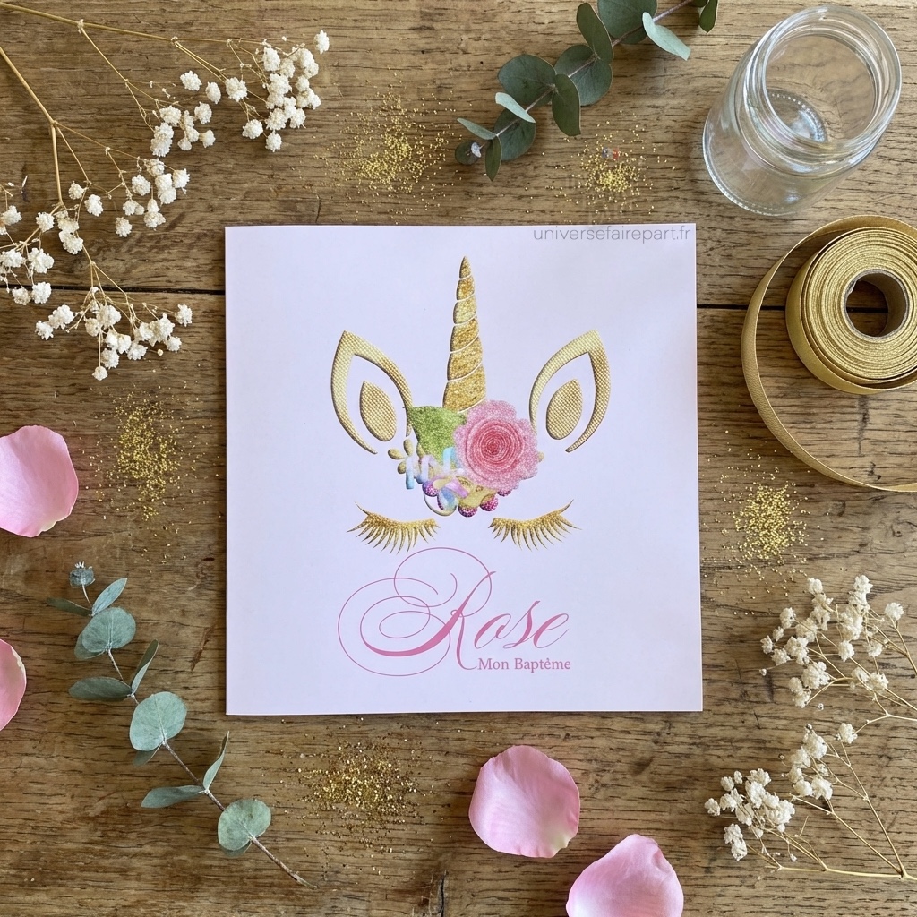 N°28 – Faire-part Licorne Douceur Dorée