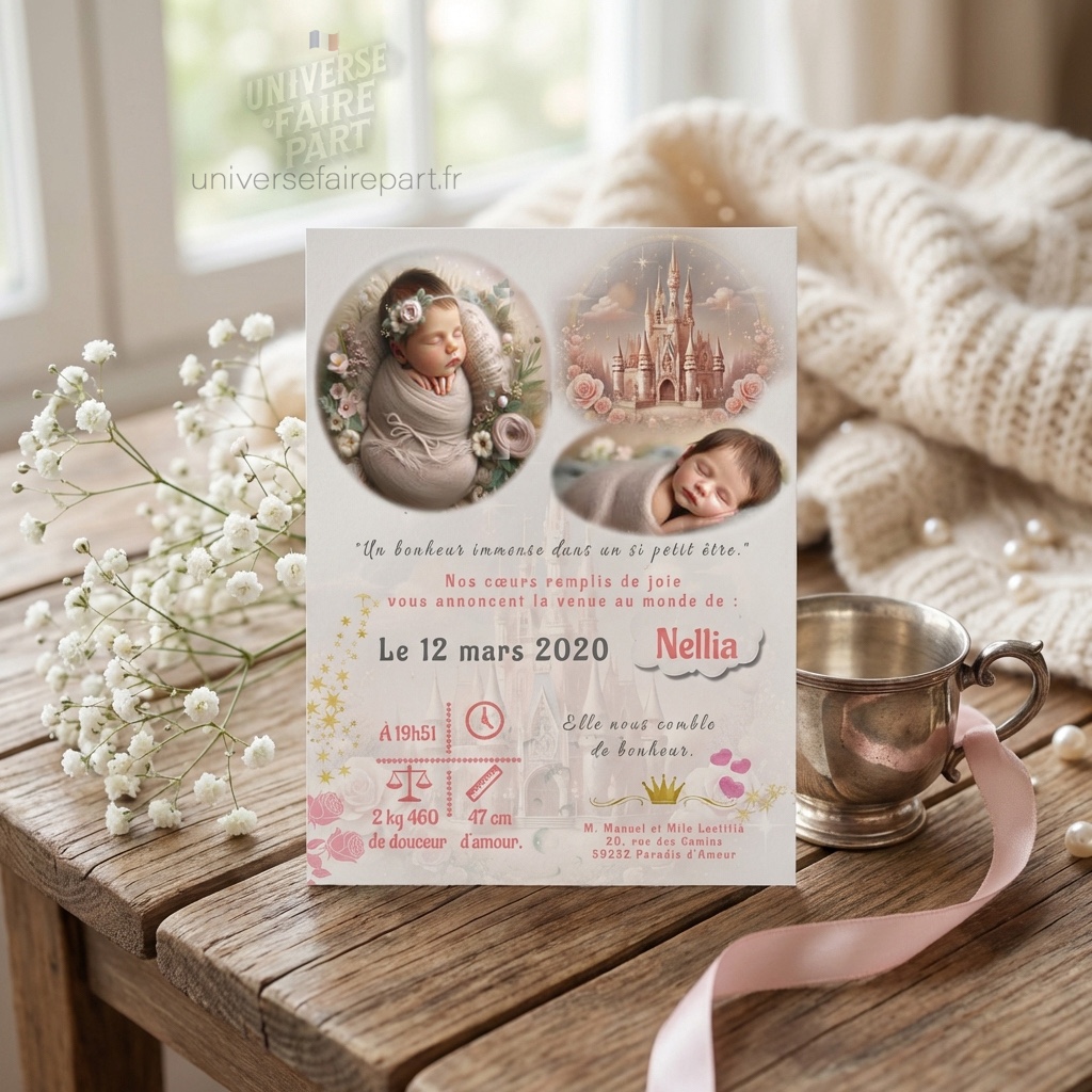 N°292 – Faire-part  château rose naissance ou Baptême