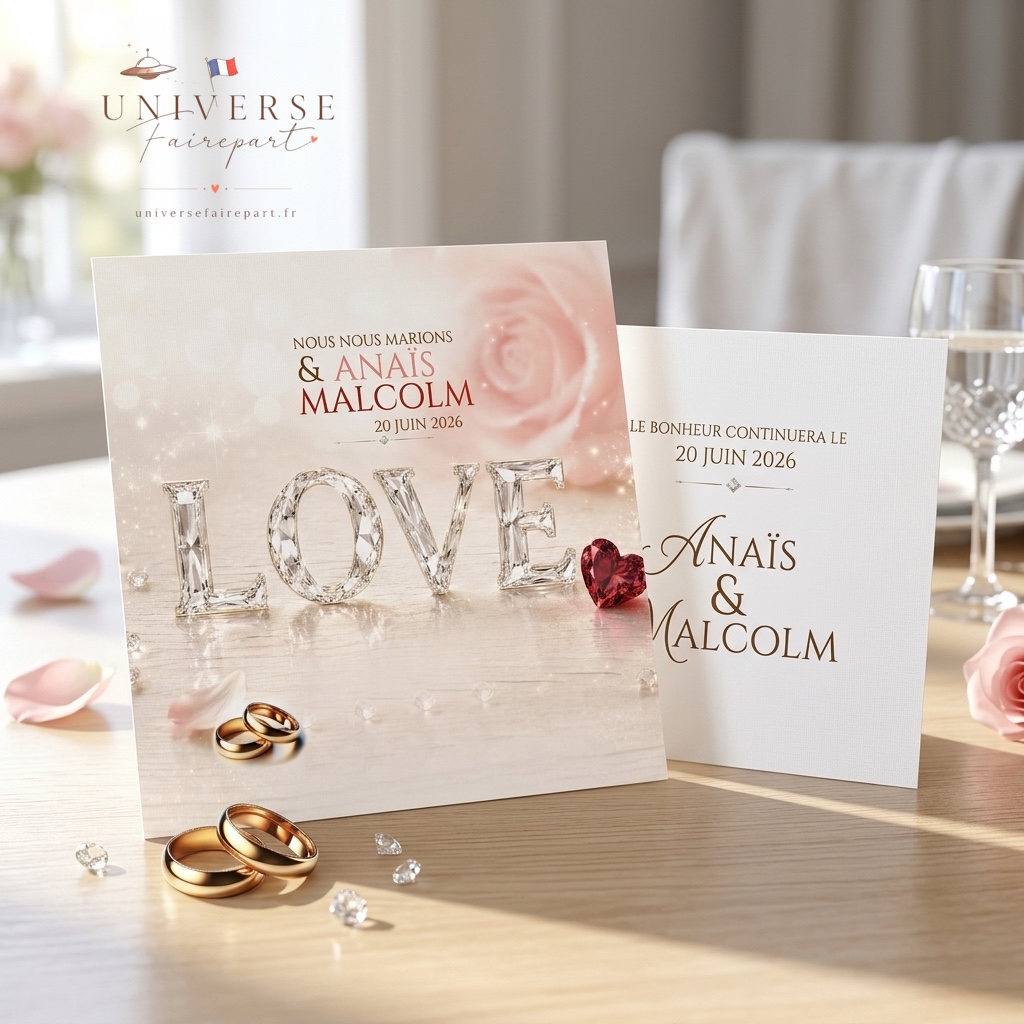 N°96 Faire-part  mariage Romantique love amour et coeur