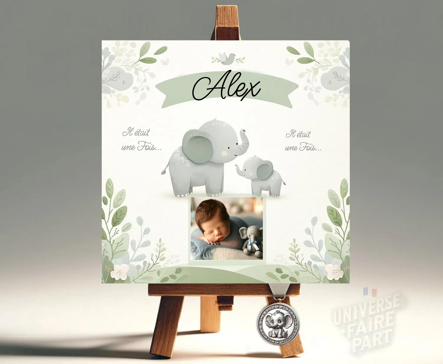 N°110 - Faire-part bleu claire et blanc bébé éléphant