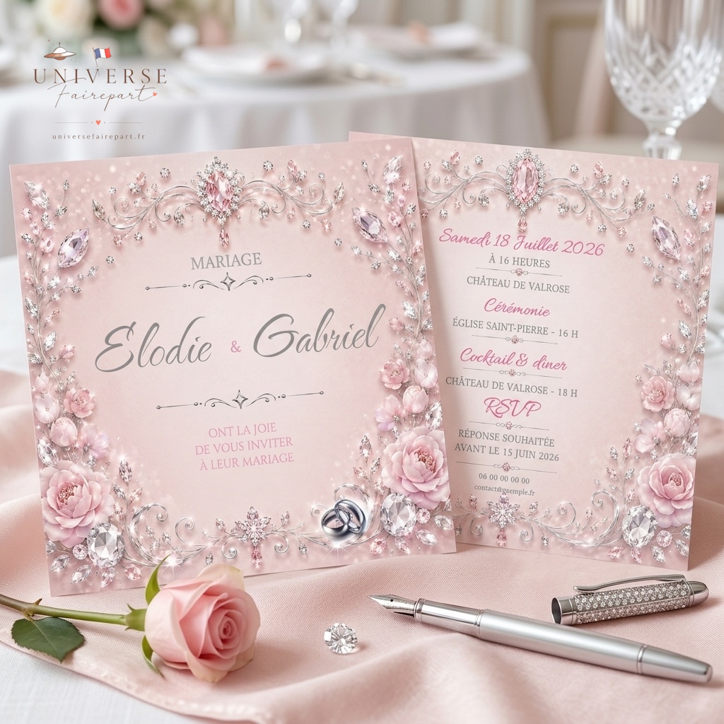 N°244 Faire-part mariage glamour Argenté et rose